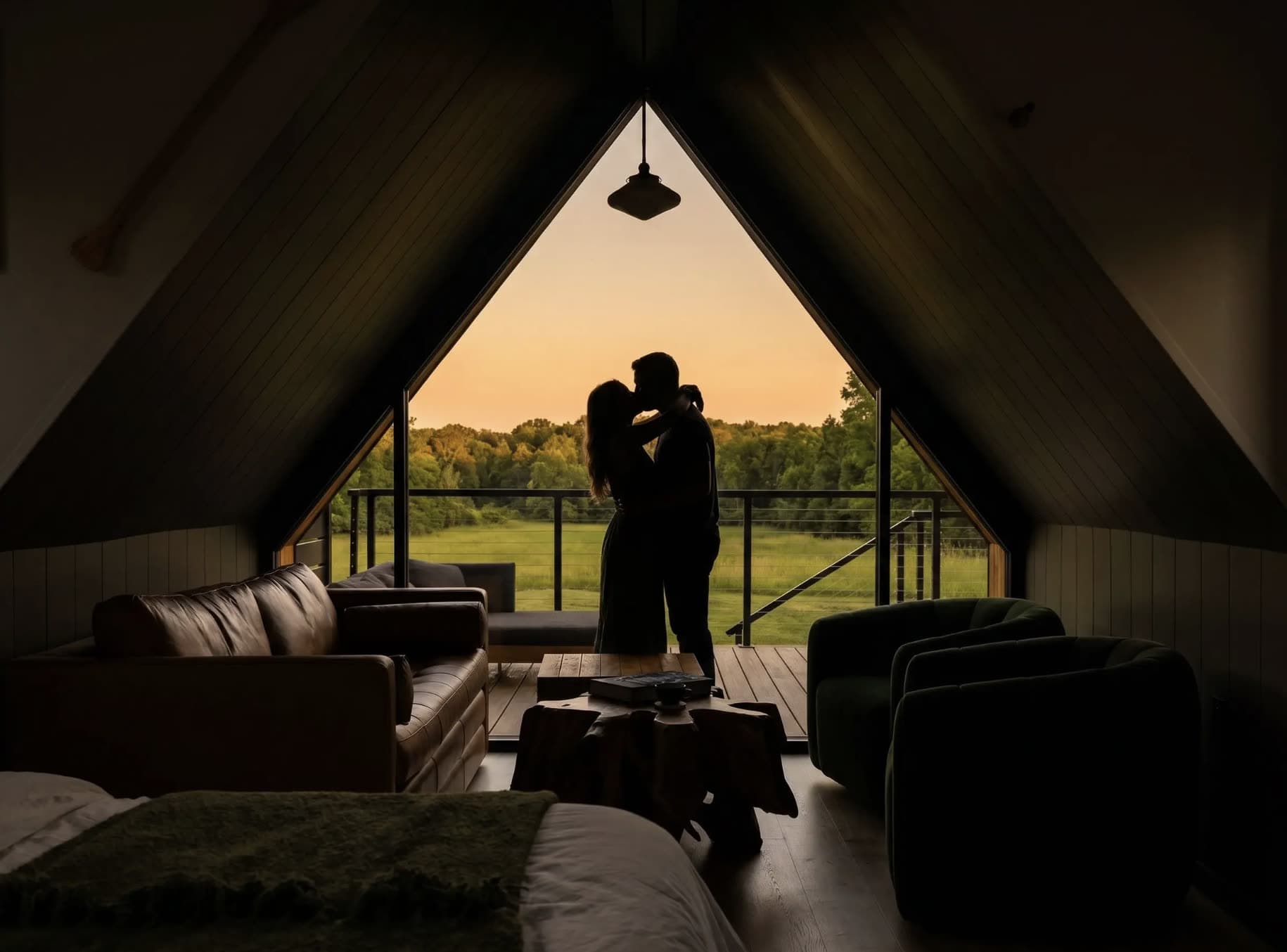 A couple kissing in front of the glass wall of Cathedral Cabin, the field behind them